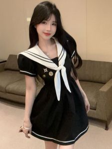 GUZILIAN | Sweet And Spicy Girl School Uniform Style Navy Collar A-Line Sailor Suit Color Block Short Skirt Korean Version Waist Cinching Slimming Dress Women