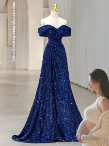Plus Size Elegant Blue Glitter Evening Dress Slim Fit