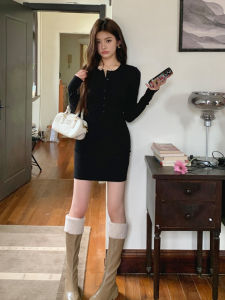 Spring 2025 Slim Fit Long Sleeve round Neck Button up Dress Womens Short Skirt Wrap around Design High Waist Cotton Blend