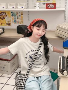 Gray Short Sleeve T-Shirt Womens Loose Summer Cartoon Print Top Sweet College Style Art Wild Series Cotton Polyester Blend