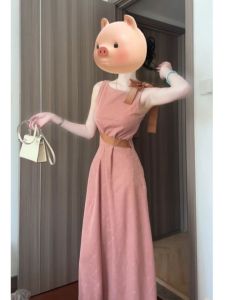 Elegant French Style Maxi Dress with Waist-Cinching Strap in Pink for Special Occasions Beautifully Designed Gentlewomans Gown