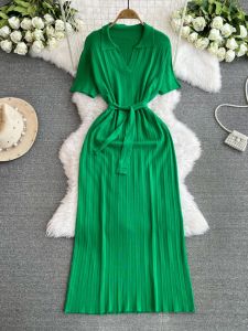 Váy Dệt Kim Mềm Mại Phong Cách Hàn Quốc Cho Nữ Váy Dài Vừa Phải Cổ Bẻ Eo Cao Mùa Hè 2024 Váy Dài Tay Ngắn Màu Trơn