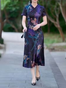 V-Neck Pullover Dress New Chinese Style Xiangyun Silk Print Large Size A-Line Skirt Commute Summer Dress Single Piece