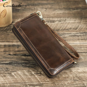CONTACTS Genuine Leather Clutch Wallet for Men 12 Card Slots Vintage Oil Leather Long Purse  Big Handbag Zipper Coin Purse Wallets