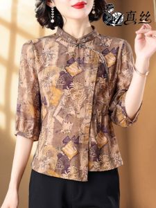 Elegant Silk Shirt for Women with Embroidery Short Sleeve Stand Collar Summer New Arrival Hangzhou Brand  Silk Top