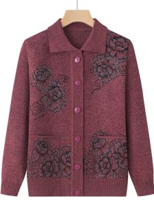 Lightweight Knitted Open Cardigan Sweater Mom Style Grandma Fashion Loose Fit Spring Outerwear for Elderly Women Polo Collar