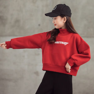 Thickened Fleece Childrens Sweatshirt High Collar Short Style Winter Base Shirt for Girls Lucky Year Red Color Korean Style