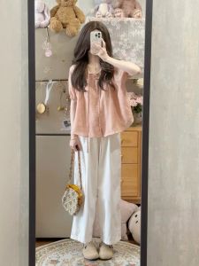 XUECAIQI | Youthful Elegant Pink Puff Sleeve Shirt and Wide Leg Trousers Set