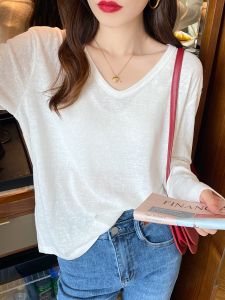 Casual Long Sleeve T-Shirt Womens Cotton Linen Thin Inner Wear Base Shirt Slimming Top U-Neckline Regular Fit Autumn Early