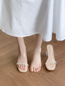 โปร่งแสง รองเท้าแตะส้นหนาคริสตัล ผู้หญิง ฤดูร้อน สวมใส่กลางแจ้งหัวเข็มขัดเพชรส้นแบนสบาย เซ็กซี่ Low Cut PVC Uppe