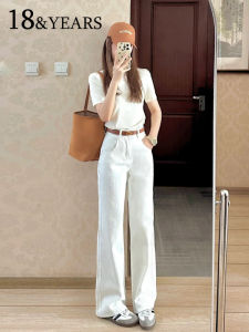 White Slim Wide Leg Denim Jeans Womens Autumn Winter New Thin High Waist Loose Small Size Straight Tube Pants Casual Style