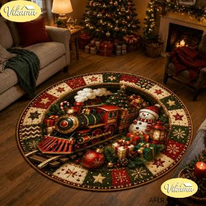 VIKAMA Christmas Round Rug Nutcracker Holding Gift Boxes Area Rug Living Room Holiday Home Decor Aesthetic Art Large Premium
