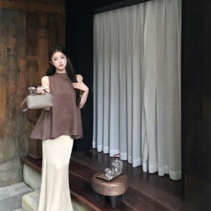 Korean Style Pure Color Design Back Slit Top Womens Summer New Design Fish Tail Skirt Elegant Two Piece Set Casual Chic