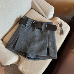 GUZILIAN | Korean Style Autumn Winter New Retro Simple Mid High Waist Solid Color Woolen A-Line Short Skirt Versatile Womens Fashion