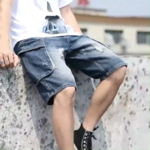 Summer Denim Shorts Mens Loose Oversized Straight Work Shorts Casual and Versatile Hipster Ripped Trousers