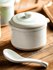 ชามซุปเซรามิก สีขาว ใบ พร้อมฝาปิด สำหรับนึ่งไข่พุดดิ้ง ชามนึ่งเซรามิกสองหู อุปกรณ์ทำอาหารในครัวเรือน