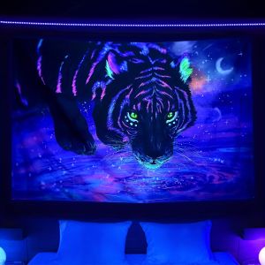 VIKAMA Drinking Tiger Tapestry Starry Sky Crescent Moon Fierce Tiger Art Mural Living Room Sofa Backdrop Wall Room Decor