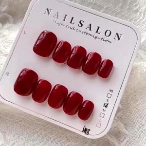 Short round Fake Nail Simple Phototherapy Nails Cherry Dark Red Phototherapy Nails Reusable and Removable Nails