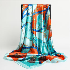 90*90 ซม.ผ้าพันคอผ้าไหมผู้หญิงผ้าคลุมไหล่พิมพ์ซาตินฮิญาบหญิงแบรนด์หรู Square Lady Muffler Foulard Bufandas สาวแถบคาดศีรษะ