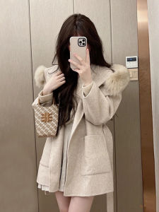 Winter Womens Thickened Woolen Coat Korean Style Loose Fit with Fur Collar Mid-Length Single-Button Closure Pure Color