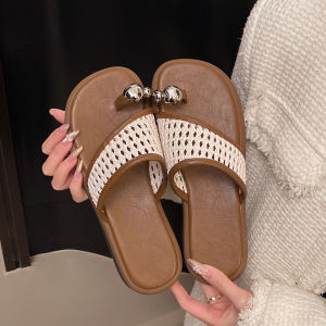 รองเท้าแตะส้นหนาสไตล์เกาหลีสำหรับผู้หญิงในช่วงฤดูร้อนปี 2025 รองเท้าแตะชายหาดแบบถักแบบเก่า รองเท้าแตะแบบสวมที่สวมใส่สบายสำหรับกลางแจ้ง