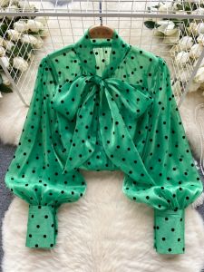 French Style Retro Socialite Style Fancy Dotted Shirt Womens Autumn and Winter Puff Sleeves Bows Design Elegant Tops
