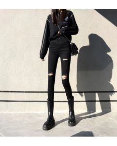 Black Ripped Denim Womens Summer Thin 2024 New Arrival High Waist Slim Looking Cropped Tight Pencil Pants