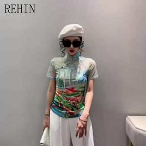 REHIN High-end Retro style buckle stand-collar short-sleeved T-shirt for women printed ink painting with a fashionable and elegant design top