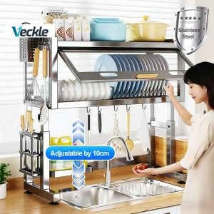 Veckle Stainless Steel Over Sink Dish Cabinet Rack with Cover Adjustable Height Dustproof Kitchen Plates Organizer