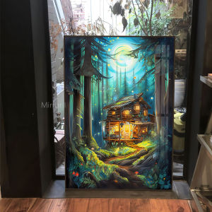 Green Forest Cabin Diamond Painting Modern Minimalist Cross Stitch Handmade Stone Wall Art Living Room Decor with Frame