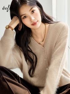 Eifini | Áo Sweater Cổ V Bông Xù 100% Len Mới Thu