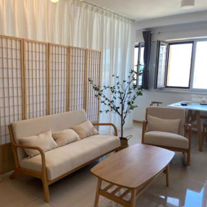 Japanese Style Solid Wood Sofa Set Fabric Upholstery Living Room Three-Seater Coffee Table Chair Tea Table Set Wooden Furniture