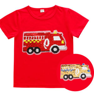 Boys Cotton Blend Glitter Color Changing Sequin Cartoon Short Sleeve T-Shirt Thin round Neck Summer Sweat Absorbent Kids Wear