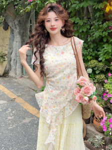 BINKAFENNY | Summer Womens T-Shirt Short Sleeve Asymmetrical Hem Floral Print Waist-Cinching Gentle Unique Beautiful Top Korean Style Straight Cut Solid Color Round Neck Short Sleeve