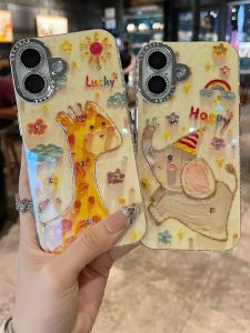 Swan Neck Giraffe Silver Frame Lens Half Cover Glitter Diamond Protection Case for  Huawei Series 16 Promax 15 Promax 14 Promax