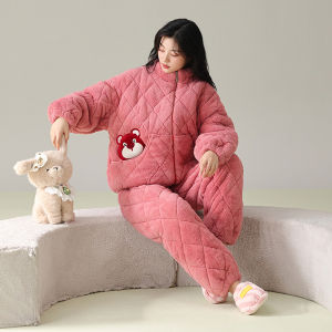 MiiOW | Cat Person Coral Fleece Padded Thickened Winter Sleepwear Womens Home Clothes Set Long Sleeve Stand Collar Full Length Pants