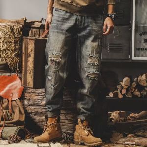 American Denim Male Heavy Weight Retro Loose Straight-leg Men Trousers Spring and Autumn Ripped Distressed Harem Overalls