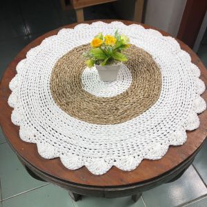 Taplak Meja Bulat Diameter 50 cm Anyaman Seagrass Renda Macrame Kerajinan Anyaman Jogja