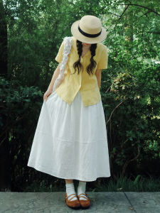 YAYANGREN | White Linen High Waist Plus Size Midi Circle Skirt