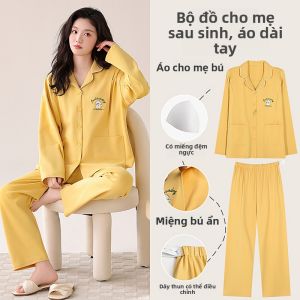 MiiOW | Bộ đồ ngủ cotton nguyên chất Catman có đệm ngực thoáng khí có lỗ cho con bú mặc ở nhà mặc ngoài trời quần dài mùa xuân hè cotton 100% dài tay