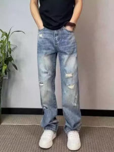 Retro American Casual Straight Leg Mens Jeans Spring Summer Loose Washed Hole Punching Denim Pants Youth Trend Breathable