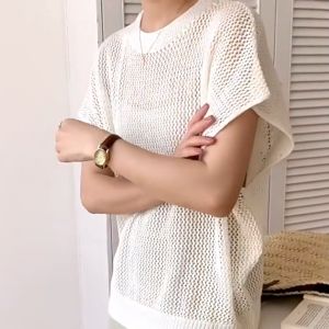 🔥Fran🔥 blouses women new style 2025 Perspective Hollow-out Knitwear Spicy Girl Loose Smock Fashion Versatile Short Sleeved T-shirt