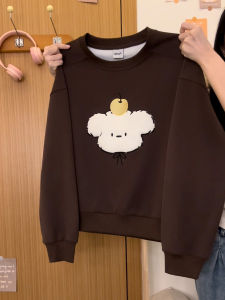 Creamy Universe Flocked Apple Dog Shoulder Insertion round Neck Sweatshirt Womens Retro Loose Long Sleeve 2025 New Style