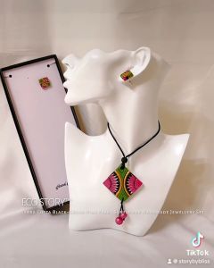 ECO STORY™ Terra Cotta Black-Green-Pink Pearl Sunflower Designer Handmade Jewellery Set