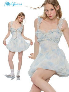 10AMsotiiiiiredversibleFlockingPrintRuffleHemDressWithBeltSummerChicSleelessWomensDressShortSkirtGown