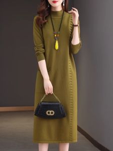 Autumn Winter Long over Knee Cashmere Sweater Women Solid Color Knit Dress Half High Collar Long Sleeve Casual Commute Style