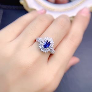 Natural Sapphire Ring 925 Silver Plated White Gold Open Adjustable Ring 4*6MM Colorful Gemstone Fashion Jewelry Accessories