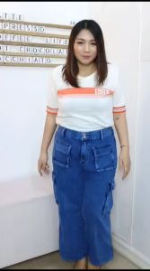 Celana Cargo Jeans Wanita Jumbo Kantong Kotak Pinggang Belakang Karet