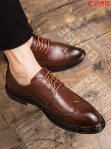 รองเท้าหนังสีน้ำตาลสำหรับผู้ชาย ทรงบล็อก หัวแหลม พื้นยาง สวมใส่สบาย ทรงเข้าชุดแต่งงาน ทรงสูง สวมใส่สบาย