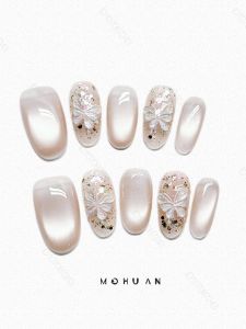 Handmade Short Nail Art Cats Eye Butterfly Wearable Nails Ice Transparent Bare Pink Elegant Simple Sweet Cute Chinese Brand